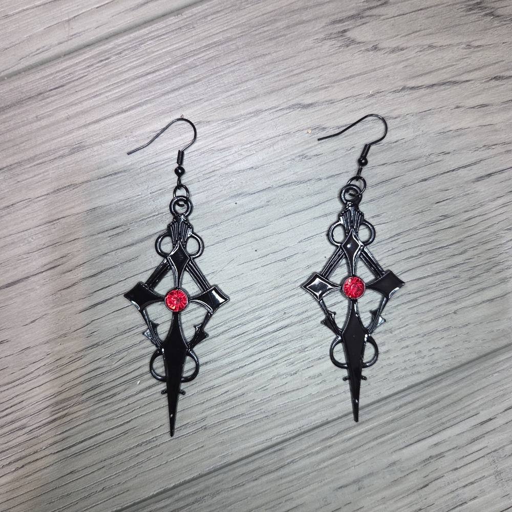 Gothic Cross Earrings Black Red Emo Punk Jewelry Dangle Drop Fish Hook Halloween